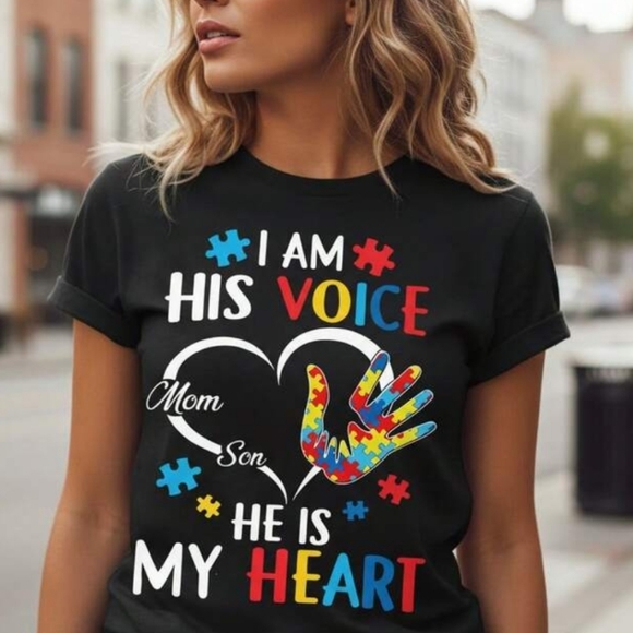 Tops - Autism Awareness "I Am His Voice, He Is My Heart" Graphic Tee - Black